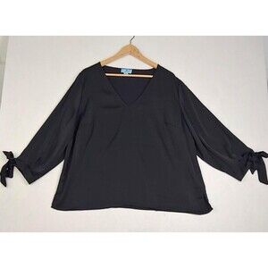 CeCe‎ Blouse Women Size 2X Black Long Sleeve Tie Cuff Top Plus Size Polyester